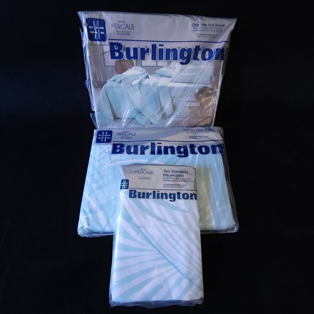 Vintage Burlington No-Iron Percale Floral Twin Sheet 4 Pcs Set Tropical Green